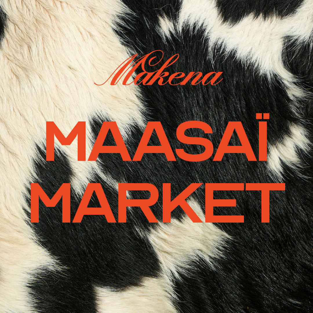 Bannière de la collection Maasaï Market : le logo Makena et le nom en orange sur une peau de vache noire et blanche