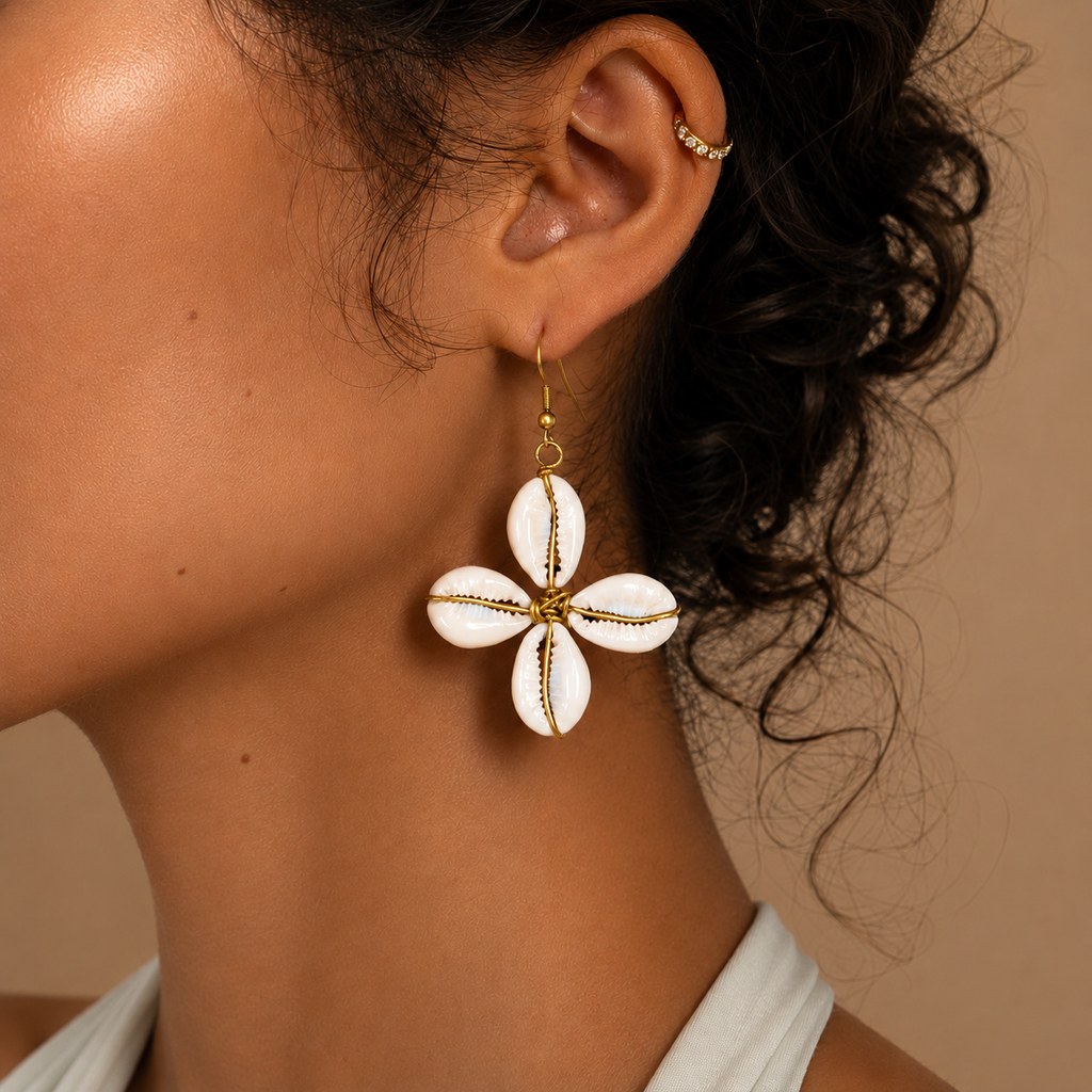 Boucle d'oreille à quatre cauris disposés en fleur, portée
